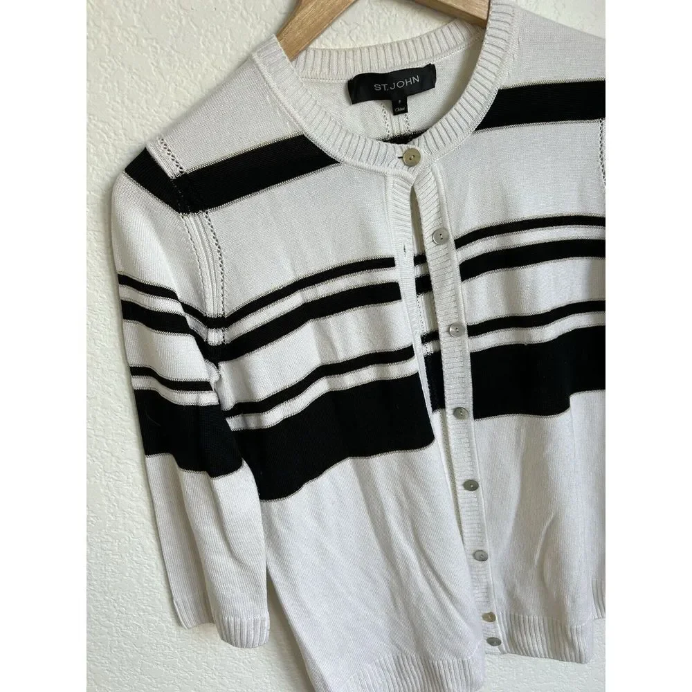 St. John Striped‎ Button Cardigan Sweater White/Black Size S (P) Cashmere Blend